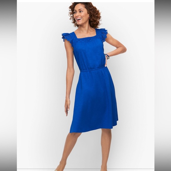 Talbots Cobalt Blue Stretch Eyelet Slub Fit and Flare Dress Size XL - Picture 1 of 7